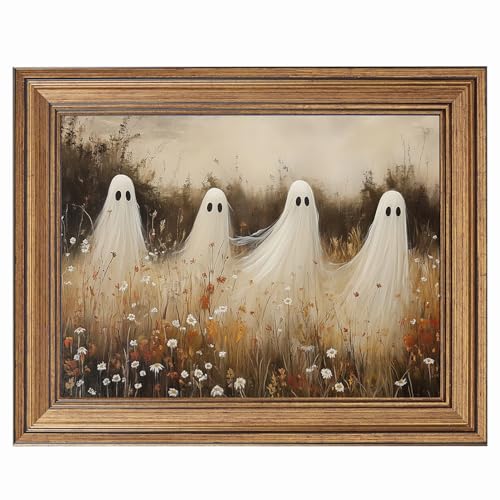 NITERNY ART Framed Vintage Halloween Canvas Wall Art, Funny Cute Ghosts in Wildflower Meadow Painting Print, Rustic Spooky Fall Aesthetic Decor for Living Room, Bedroom, Farmhouse Home, Ready to Hang (12'L x 9.5'W)