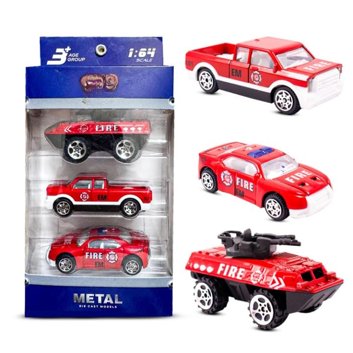 Image of Fire Truck Toy for Kids, Pack of 3 Die Cast Metal Toy Cars with Free Wheel, Fire Engine & Fire Brigade Emergency Rescue Vehicle Toy Set, Birthday Gift for Boys & Girls