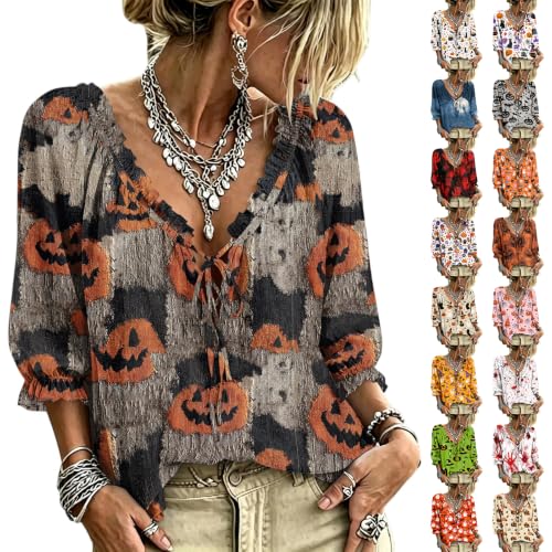 Halloween Shirts for Women 3/4 Sleeve Lace Up Spooky Season Peasant Blouse - image 1