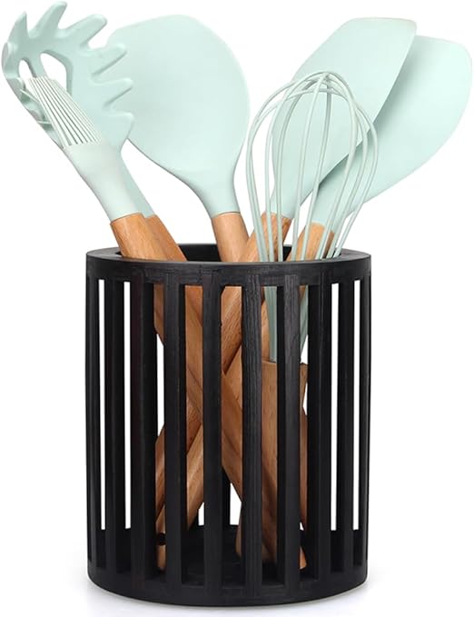 Wood Kitchen Utensil Holder Silverware Caddy Black Wooden