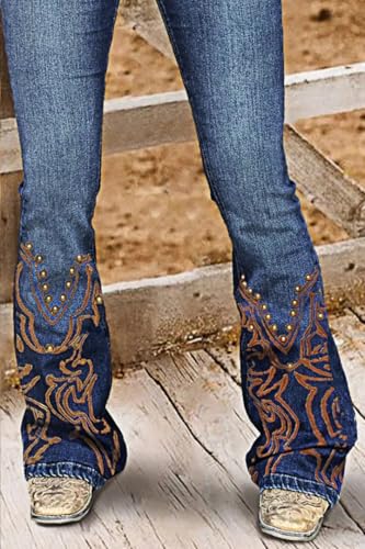 Women's Flared Bell Bottom Jeans with Embroidered Detailing, Denim Pants Trousers (Belt Not Included)3
