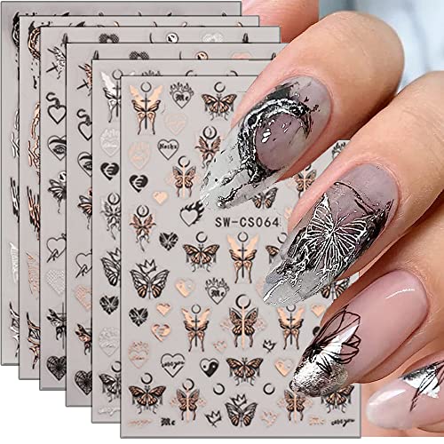 Butterfly Nail Art Stickers 3D Self-Adhesive Nail Decals Holographic Laser Silver Rose Gold Butterfly Moon Nail Stickers For Nail Art Design Manicure For Women Nail Decoration 6 Sheets #TOP6
