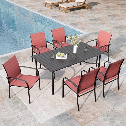 Image of MIXPATIO 7-Piece Outdoor Dining Set 6 Red Textilene Chairs and Steel Rectangle Table with 1.97 inch Umbrella Hole for Deck Garden Backyard Lawn Poolside