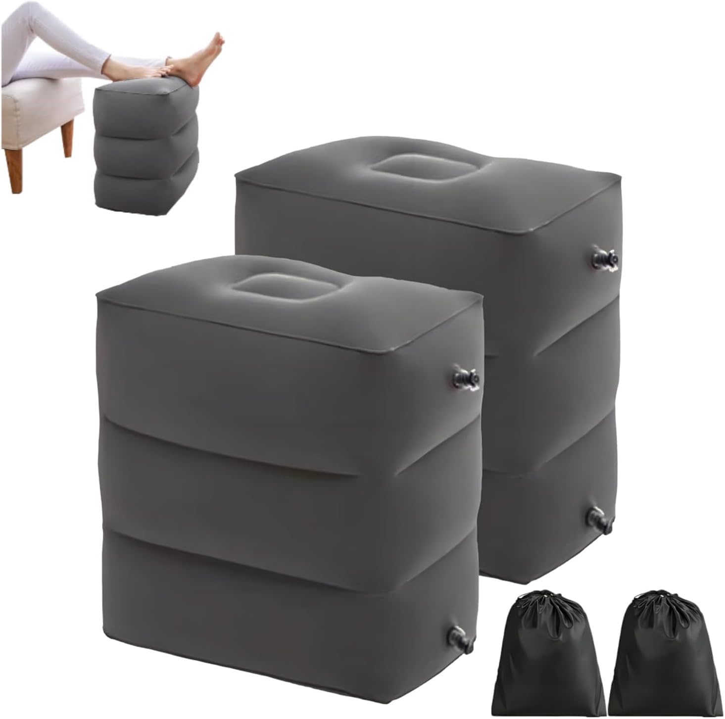 Lot de 2 repose-pieds gonflables pour enfants, coussin de voyage réglable en hauteur pour avions, voitures, bureau, essentiels de voyage en avion (gris foncé)