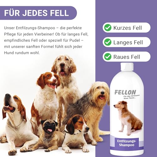 Fellon Entfilzungsshampoo für Hunde – Sanfte, pH-neutrale Pflege für leichtes Entfilzen – Biologisch – Für alle Rassen, Langhaar & Kurzhaar – Verhindert Verfilzungen & Juckreiz – 1 Liter
