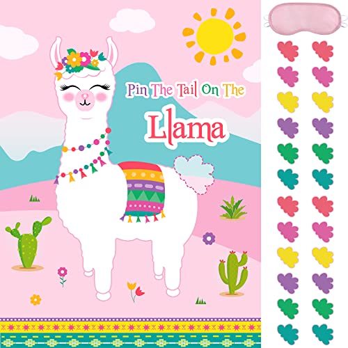 Image of WERNNSAI Pin The Tail on The Llama Party Games - Llama Theme Birthday Supplies for Kids Girls 21 inch x 28 inch Poster 24 Pcs Tails Alpaca Party Decorations