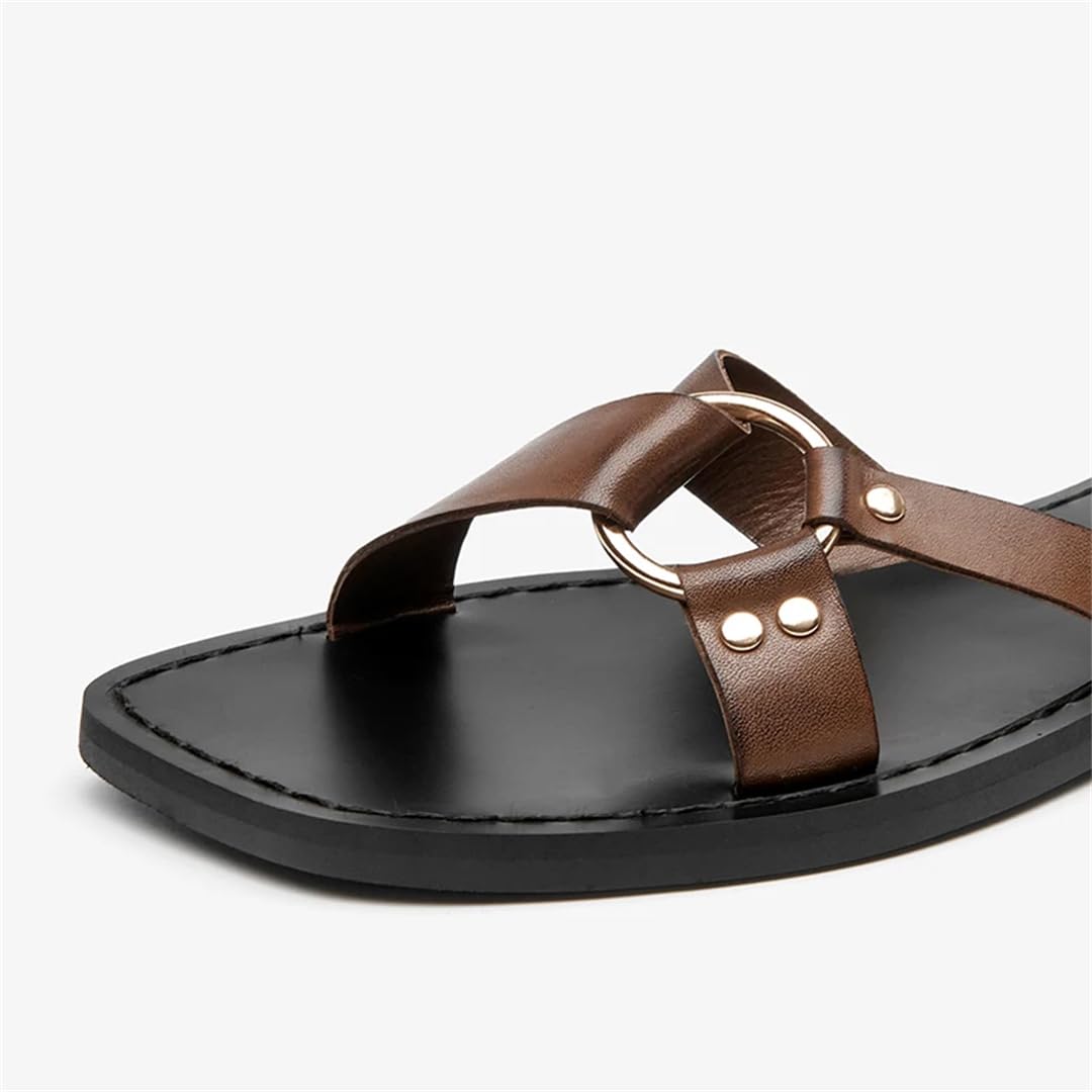 Sandalias básicas de piel de vacuno con hebilla y correa al tobillo para mujer, tacón plano, estilo casual, para verano, Brown, 40.5 EU