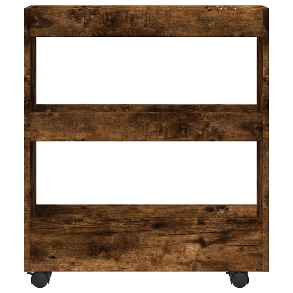 Carro de almacenamiento estrecho de 3 pisos, roble ahumado, material de madera con ruedas, carrito de cocina para cocina y comedor, carrito con ruedas para ahorrar espacio, con espacio de