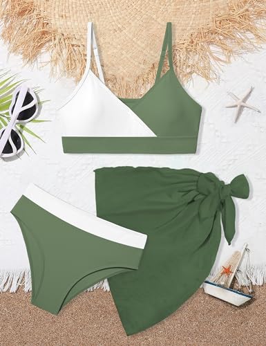 Image of Girls Swimsuit V Neck Bikini Set Color Block with Cover Up 3Pcs Bathing Suits