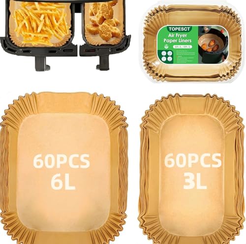 TopEsct Heißluftfritteuse Backpapier für Philips Airfryer Dual Basket 3000 Series, 120Stück Backpapier für Tefal 5,2/3,1 L Dual Easy Fry, 21x17 cm & 21x11 cm, Heißluftfritteuse Zubehör