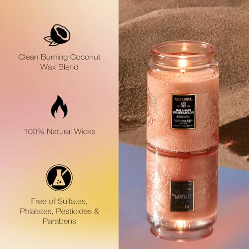 Image of Voluspa Kalahari Watermelon, Large Candle Jar, 18 oz, 100 Hour Burn Time, Coconut Wax for Clean Burning, Handcrafted in the USA