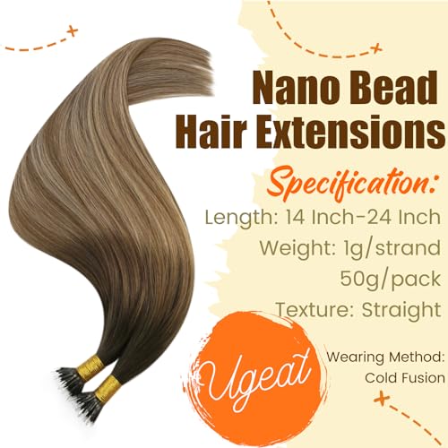 Ugeat Nano Link Bead Hair Extensions Human Hair Nano Extensions Dark Brown Mix Golden Blonde Nano Human Hair Extensions for Short Hair 14 inch #4/10/16 50 Grams - Image 2