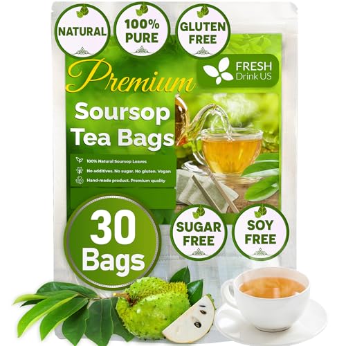 FreshDrinkUS, Premium 30 Soursop Graviola Leaf Tea Bags, 100% Natural & Pure from Soursop Leaves, Hoja Guanabana Herbal Tea. Made with Natural Material Tea Bags. No Sugar, No Caffeine, Vegan.
