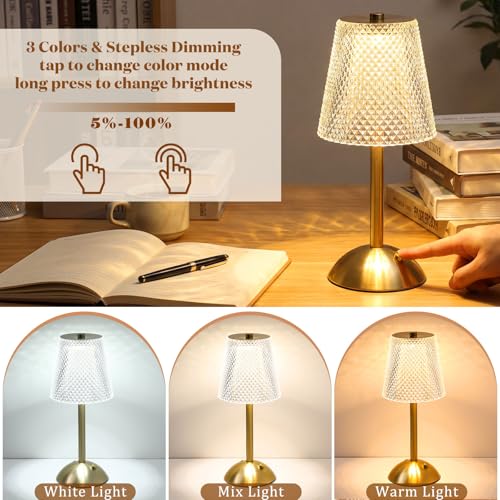 Image of Liliful 2 Pcs Cordless Table Lamp Rechargeable Touch LED Small Gold Portable Battery Operated USB-c Desk Lamp 3 Color Dimmable for Bedroom Living Room Dining (Gold,Crystal Cut Style)