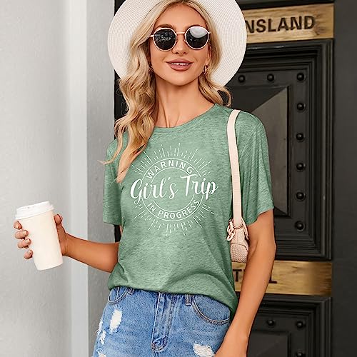 Image of Women's Casual Warning Girls Trip in Progress T-Shirt Casual Crewneck Short Sleeve Graphic Tee