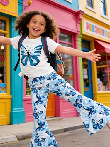 Image of OLMRJKD Kid Toddler Girl Clothes Outfits Short Sleeve Butterfly Top Flared Leg Pants Summer Clothing Set