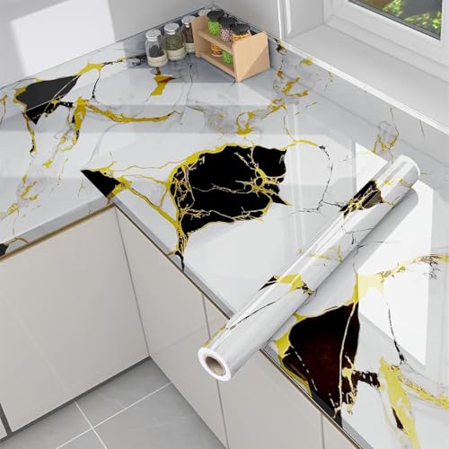 Image of VOLITO Self Adhesive Marble Wallpaper Kitchen Wallpaper Oil Proof & Waterproof Wallpaper for Cabinet Makeover, Almirah, Plastic & Tabletop, Wardrobe (60x200cm) (V-New White Black Gold)