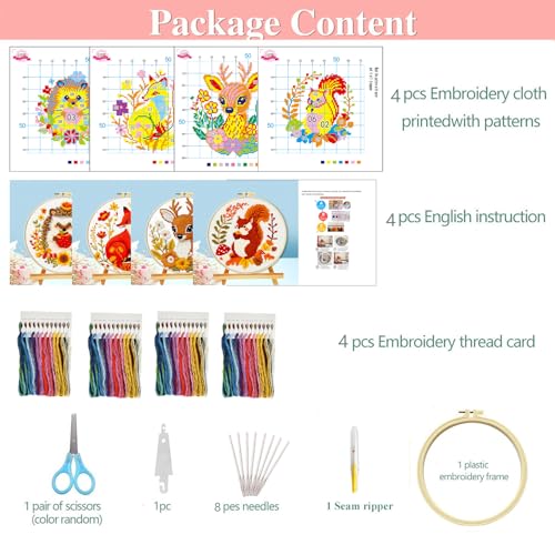 Image of Zhenqing Autumn Animals Cross Stitch Kit - 4-Piece Set with Pre-Printed 11CT 24x24cm Fabric, Hoop & Tools, Fall Theme Animal Designs for Beginners (70412)