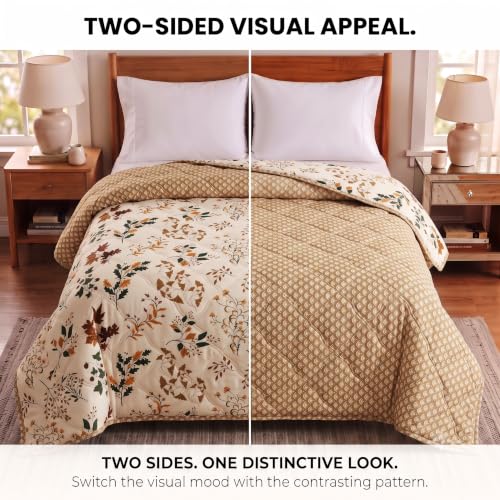 Image of BSB HOME Premium 280 GSM Quilted Comforter, Soft Plush Floral Printed Bedspread, Cozy Warm Reversible Blanket for Bedroom, Elegant Winter Bedding Comforter, 80 x 85 Inches (203 x 215 cm) - Warm Pearl