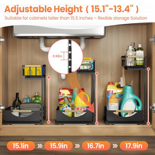 Image of Under Sink Organizer and Storage for Bathroom and Kitchen - 2 Pack 2 Tier | Cabinet Pull Out Shelf Organizers - Slide Out Drawer Organization for Home Cabinets Shelves and Drawers