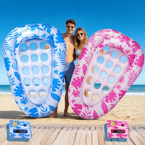 VIWUHUG Giant Inflatable Pool Floats,78 x 55 Inches Pool Float Adult Mat with Headrest & Cup Holder Lake Float Raft Water Lounger Multi-Use Swimming Floaty for Party time Beach Outdoor (Pink & Blue)