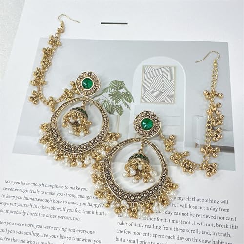 Jhumkas Hollow Circle Beaded Tassel Simulated CZ Dangle Drop Earring for Women Long Chain Hair Accessories Indian Vintage Boho Traditional Earrings Fashion Unique Jewelry4