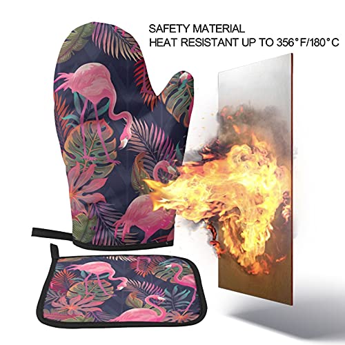 Perinsto Pink Flamingos Tropical Palm Leaves Oven Mitts & Pot Holders Kitchen Set Heat Resistant Decorative Cooking Gloves Microwave Oven Gloves For Baking Grilling Bbq #TOP4