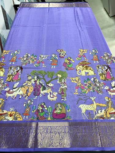 Image of Kalamkari Floral Prints Dola Silk Saree With Rich Zari Border Designer Pallu Attach Blouse Piece