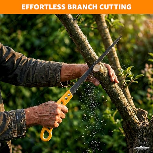 Image of Anandi Greens Heavy Duty Pruning Saw 35 cm Sharp Steel Blade Multipurpose Hand Saw for Branch Tree, Wood Cutting, Bamboo & Garden Pruning Gardening Mini Portable Hand Saw (Yellow)