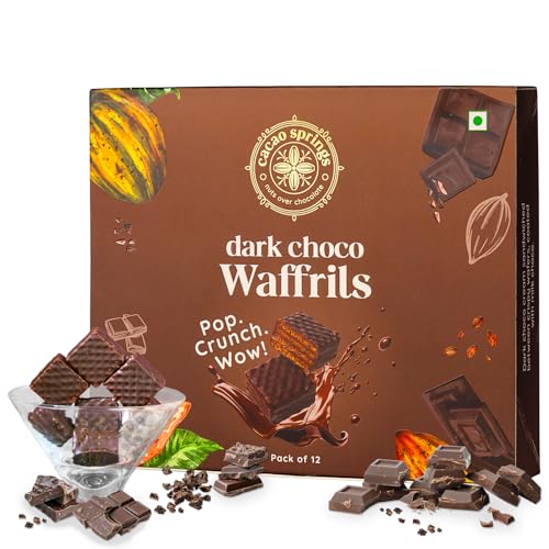 Image of Cacao Springs Premium Dark Choco Waffrils Gift Box, Premium Choco & Nut Delicacy Waffle Chips, Great for Snacking, Premium Gift Hamper for Christmas Gifts, 12 Pieces in Each Box, 1 Box, 120gm