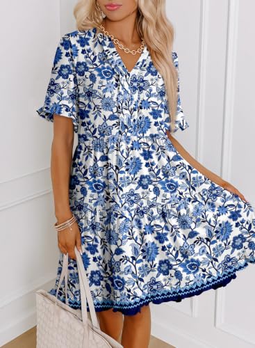 Image of Dokotoo Womens Summer Dresses 2026 V Neck A Line Short Sleeve Casual Ruffle Babydoll Mini Dress