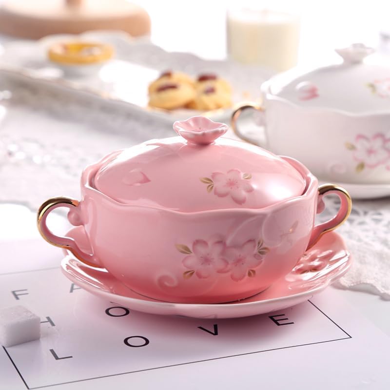 Movni 和風陶磁器ツノ付き蓋付き椀300ml 釉下彩金彩浮彫デザート椀 蒸し卵・燕窩用 家庭用朝食・フルーツ・サラダ椀