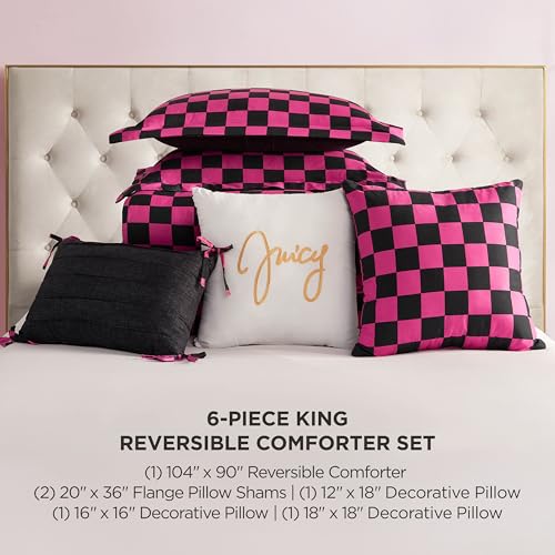 Image of Juicy Couture Reversible Checkerboard Comforter Set 6-Piece King Set, Black /Hot Pink