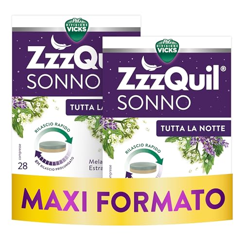 ZzzQuil Tutta La Notte Integratore Per il Sonno, Melatonina con Valeriana, Melissa e Vitamina B6, con rilascio prolungato di melatonina ed estratti botanici per 8 ore, 28 x 2 Compresse