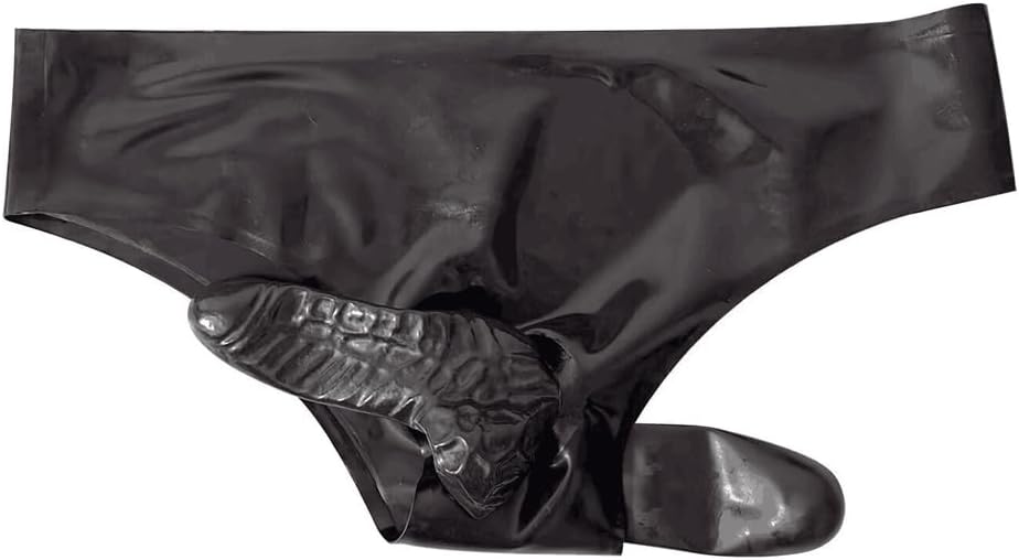 EXLATEX Latex Panties Underwear Rubber Brief with Two Sheaths, Latex Shorts for Men
