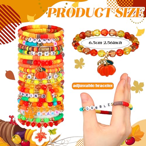 Henoyso 62 Pcs Fall Clay Beaded Bracelets Thanksgiving Friendship Bracelets Bulk for Women, Autumn Stackable Vinyl Disc Elastic Layering Surfer Heishi Stretch Wristband for Party Favor Supplies Gifts3