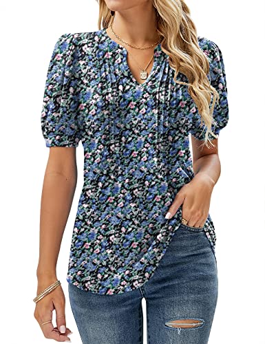 EFFAN Blusa plisada para mujer con mangas cortas acampanadas, cuello en V y estampado floral, 48-50