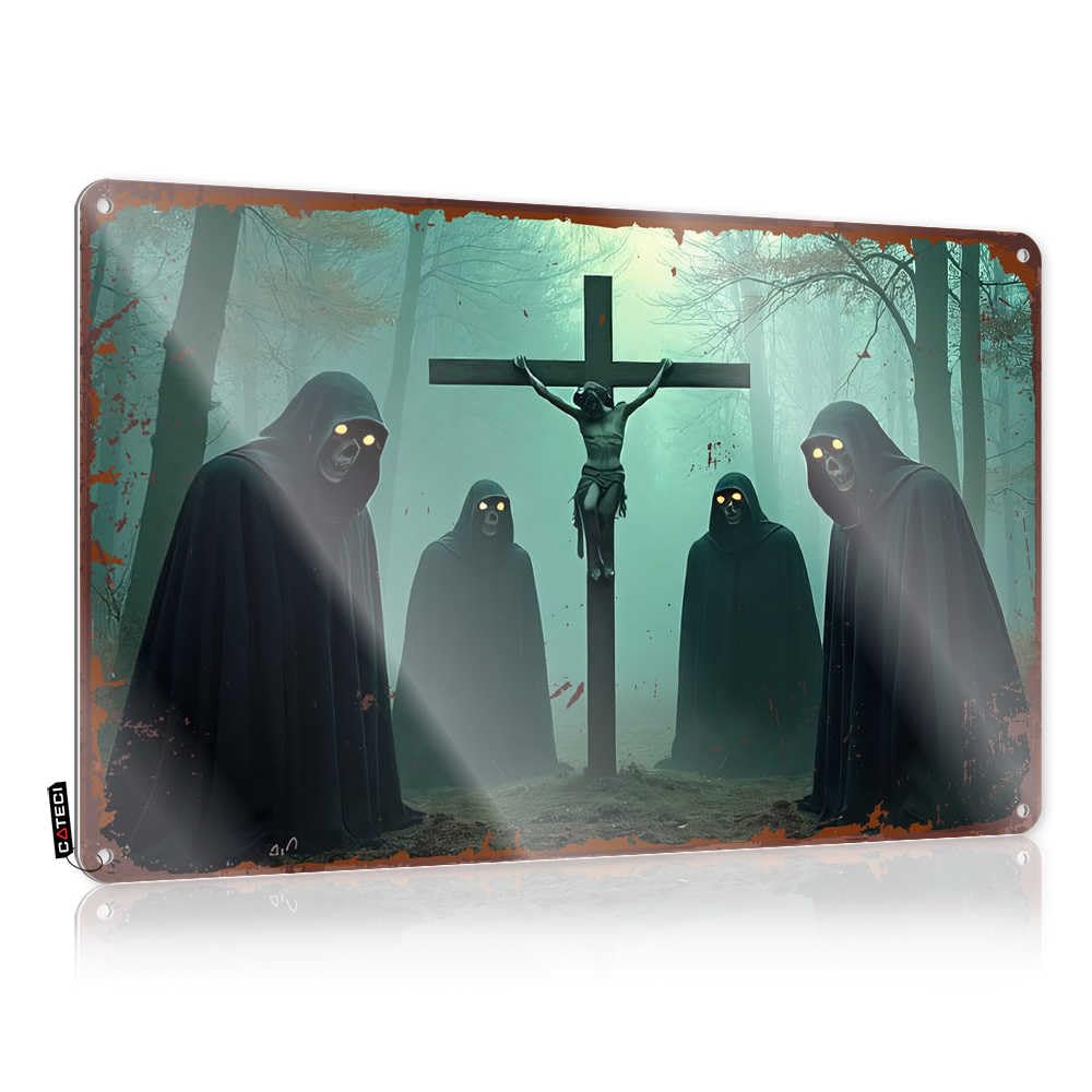 Fzfn Boys Colour Emo Room Decor Dining Decoration - Dark Figures In A Misty Forest With Crucifix Essentials Rustic Wall Hanging(30X40cm)