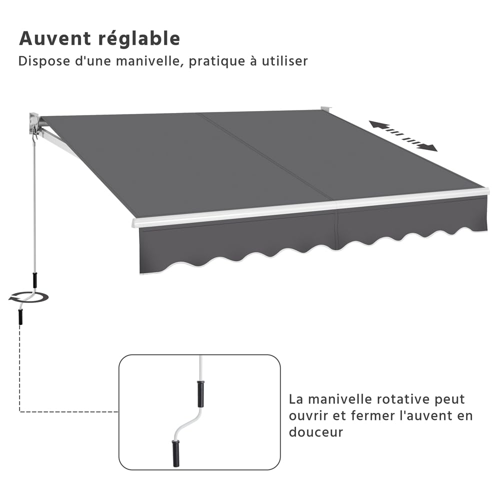 Yaheetech Auvent Rétractable de Contrôle Manuel 250 x 200 cm avec Protection Solaire Réglable pour Balcon, Terrasse, Café, Restaurant - Gris Foncé