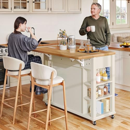 DWVO Rolling Kitchen Island with Drop Leaf, Mobile Storage Islands with Power Outlet Foldable Tabletop, 2 Drawers and Open Shelves, for Living Room, Dining Room, Off White