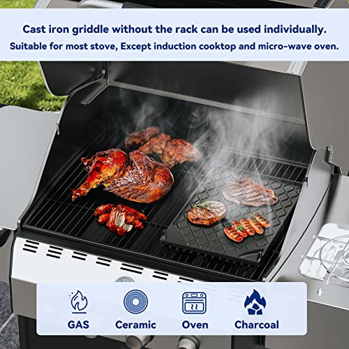 Skyflame Universal Cast Iron Griddle, Flat Top Gas Grill Griddle Pan With Removable Rack And Raised Lip Edges, Fit For Most Gas Grill With Side Burner And Other Grills, Size 14.5" X 10" #TOP5