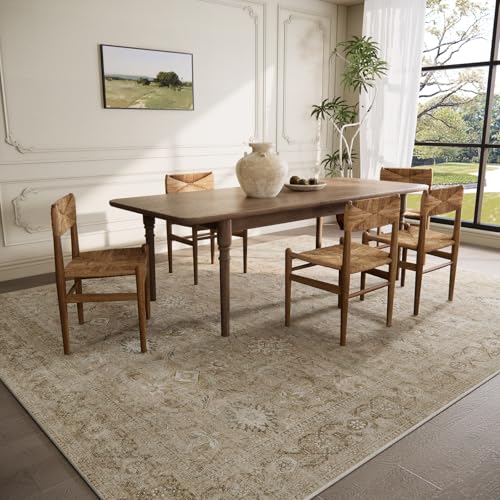 Washable Living Room Area Rugs: 8'x10' Large Rug Stain Resistant Distressed Vintage Boho Rug Non Slip Low Pile Faux Wool Soft Rug for Bedroom Bedside Kitchen Farmhouse Nursery Playroom Dining Room
