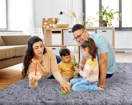 5x7 Rugs for Living Room, Large Fluffy Area Rugs for Bedroom, Soft Carpet Shag Kids Rug with 4 Non-Slip Rug Pads (Light Grey, 5ft x 7ft)