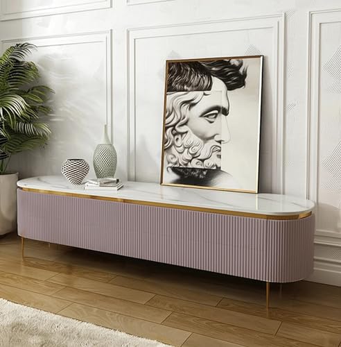 Image of Mazzo Modern TV Unit /Console - 70 inchx12 inchx18 inch White Marble Top with Golden Acrylic, Waterproof Plywood & Charcoal Louvers - Media Cabinet | Modern TV Stand Console Without Storage (Pink)