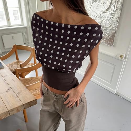 Women Y2k Polka Dot Mesh Asymmetrical Off Shoulder Crop Tank Tops Open Back Tie Patchwork Ribbed Sleeveless Shirt2