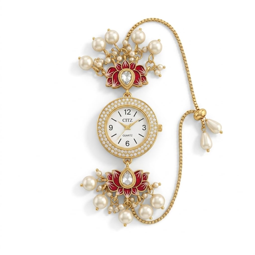 sushee Lotus Bracelet Kashmiri Watch for Women | Adjustable Analog Quartz Timepiece with Pearl Tassels | Traditional Ethnic Jewelry Watch | Rakhi Gift for Sister & Bhabhi-picture-55