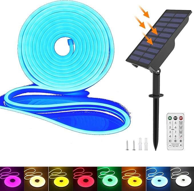 KISUFU Solar Energy Neon LED Ribbon, 24V Neon LED Strip Light IP65 Waterproof Silicone with 1.5w Solar Rechargeable Wall Mount USB Controller for Garden, Outdoor Yard Party Decoration