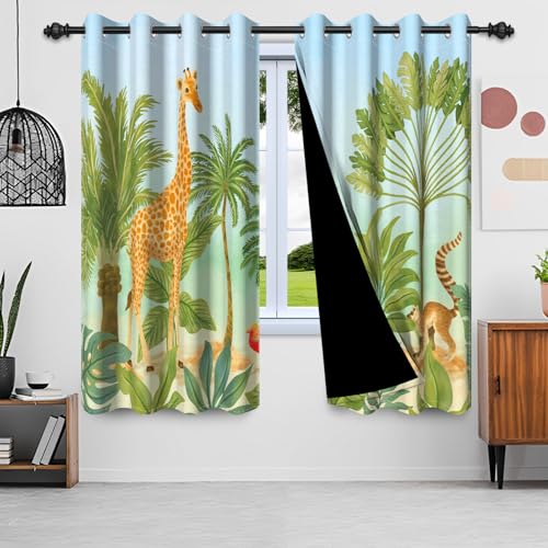 DASHAN Wild Animals Blackout Curtains for Kids Children Bedroom 45 inch Long 2 Panels Giraffe Jungle Forest Art Printed Window Curtains for Nursery Living Room Window Drapes 42Wx45L