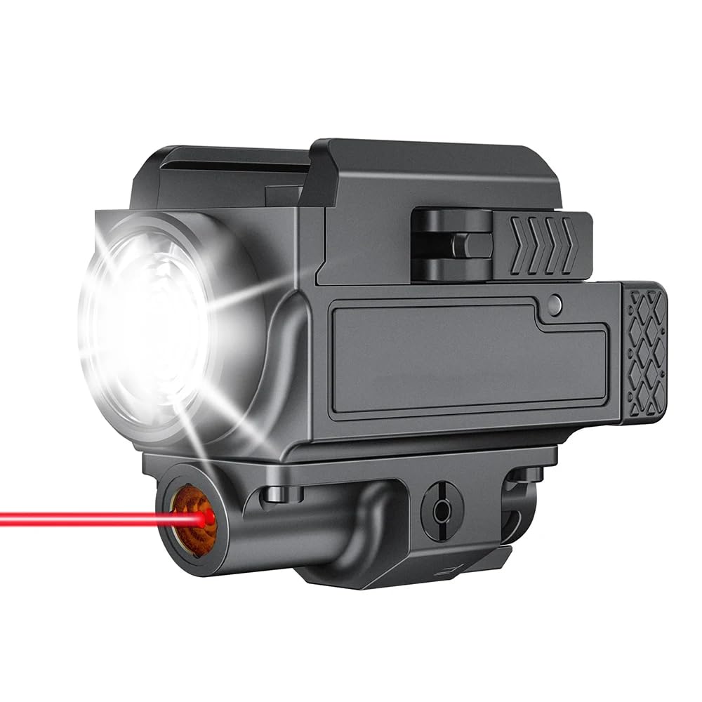 AKANTOR 800 Lumen Compact Pistol Light LED Tactical Light?Built-in Battery USB Charging Quick Release Mounting Weapon Light for Pistol Quick Release Light with 1913 or GL Rail (Red Laser), SFD- 065A