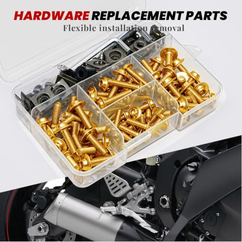 Image of Motorcycle Fairing Bolt Kit 177Pcs, M5 M6 Stainless Steel, Gold | Windscreen Screws Fastener Clips Universal Fit for Suzuki Kawasaki Honda Yamaha BMW Ducati GSXR